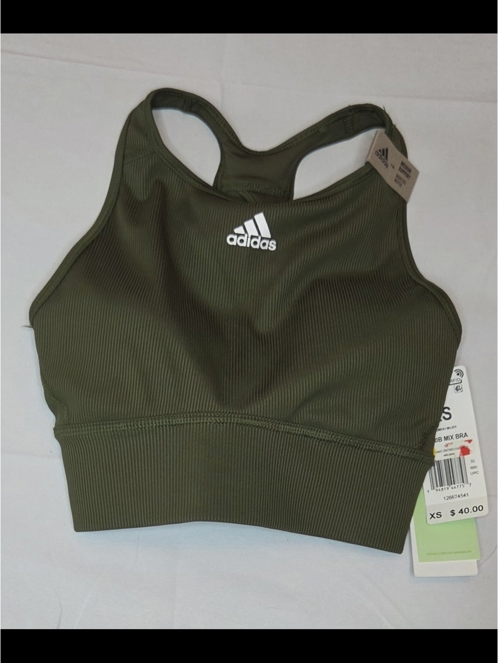 NWT Adidas Ribbed Medium Support Sports Bra Olive Green XS